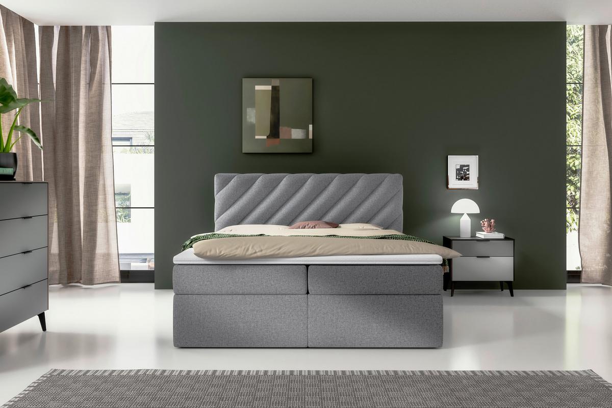 Boxspringbett mit Topper Hellgrau 160x200 cm Gusto - Hellgrau/Schwarz, MODERN, Textil (160/200cm) - MID.YOU