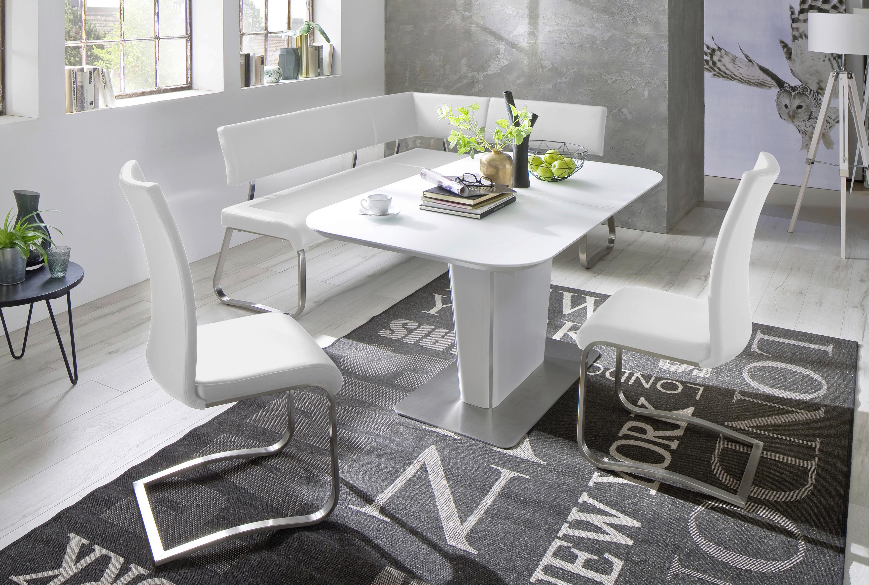 Eckbank Weiß Echtleder Arco 200x150 cm - Edelstahlfarben/Weiß, Design, Leder/Metall (200/150cm) - Livetastic