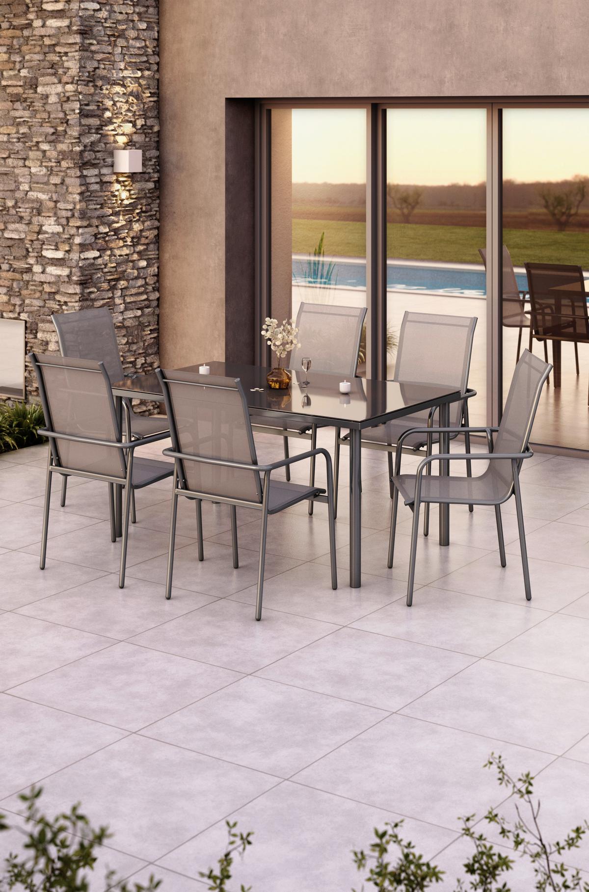 Gartengarnitur 7-tlg. Torino Aus Metall/glas/textil - Grau, MODERN, Glas/Textil (150/74/90cm) - Beldano