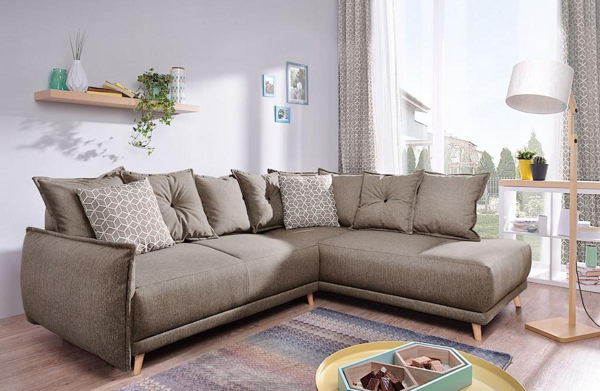 Ecksofa mit Schlaffunktion und Bettkasten Lazy Lukka Webstoff - Hellbraun/Beige, Basics, Textil (235/190cm) - MID.YOU