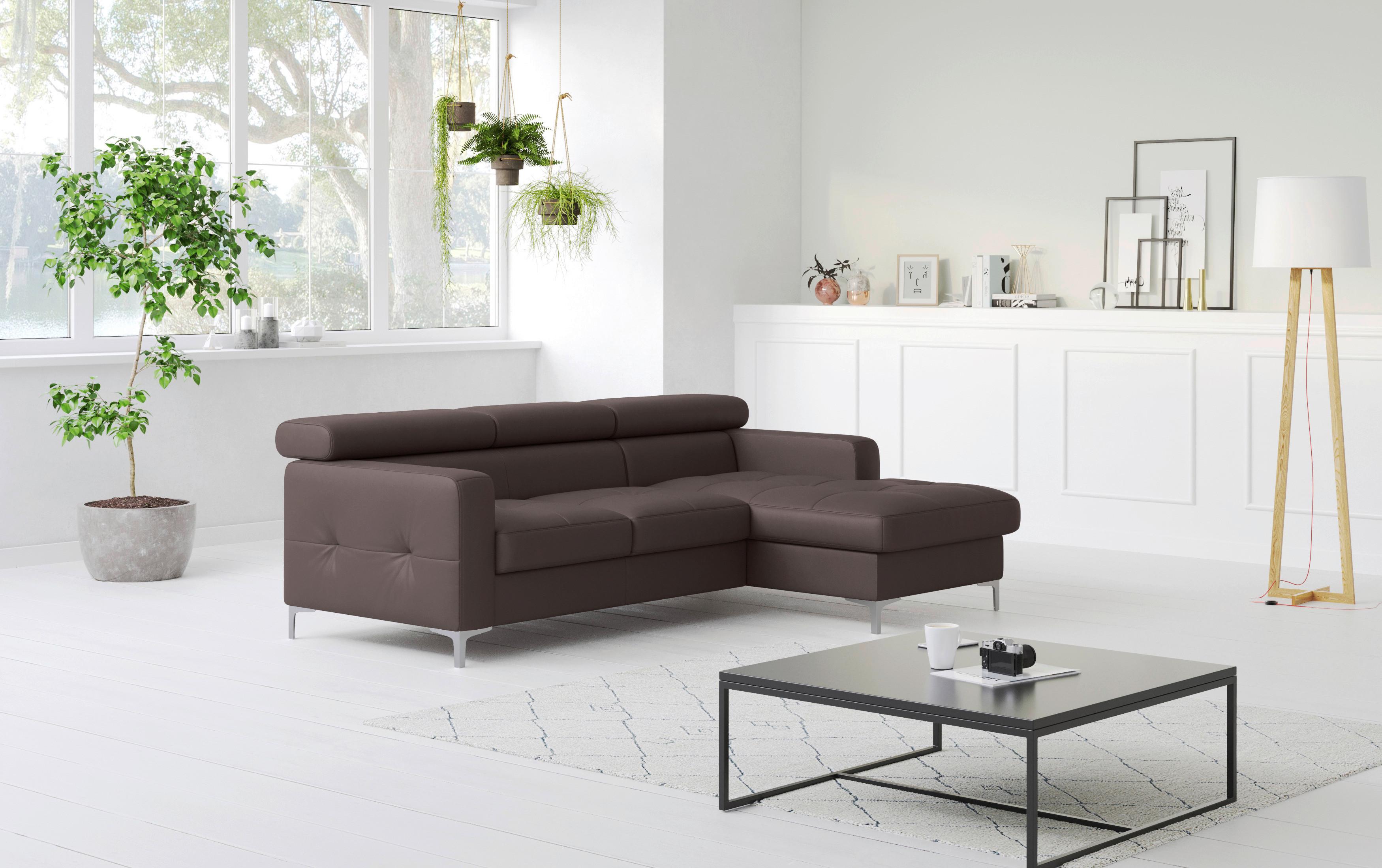 Ecksofa mit Schlaffunkttion Sammy Braun Leder - Chromfarben/Graubraun, Design, Leder (227/168cm) - Livetastic