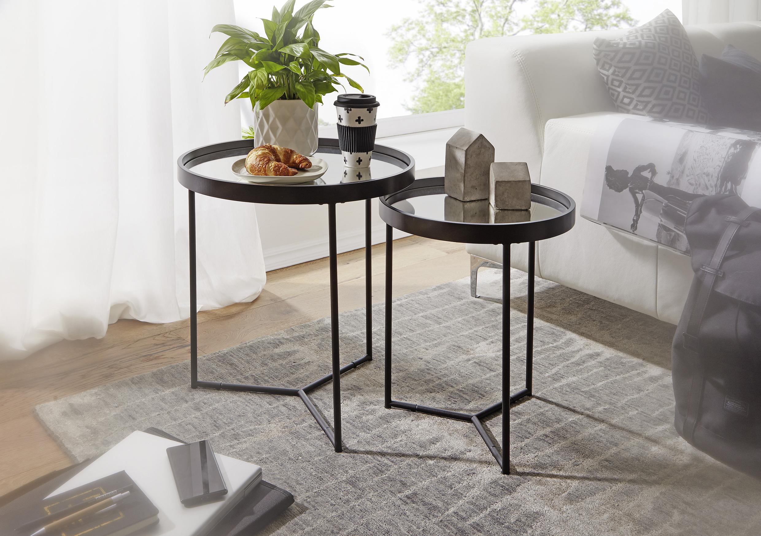 Beistelltisch Rund 2er-set Mit Glasplatte Verspiegelt Schwarz - Schwarz, Design, Glas/Metall (45,5/45,5/50,5cm) - MID.YOU