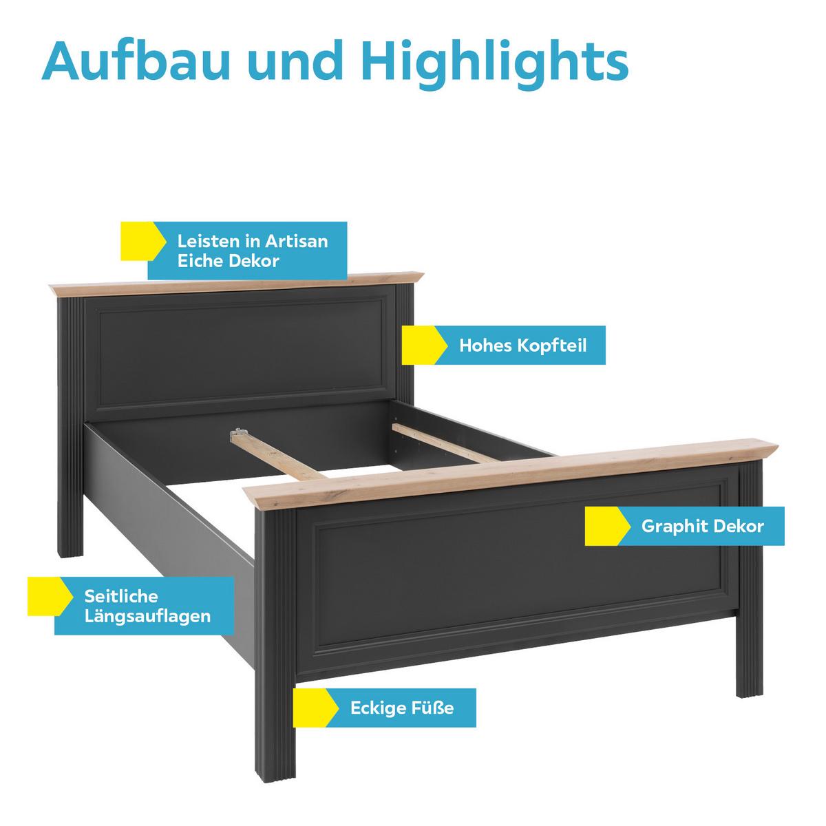 Bett Landhaus-stil 140x200 Jasmin Ii Graphitfarben/eiche - Graphitfarben/Schwarz, LIFESTYLE, Holzwerkstoff (140/200cm)