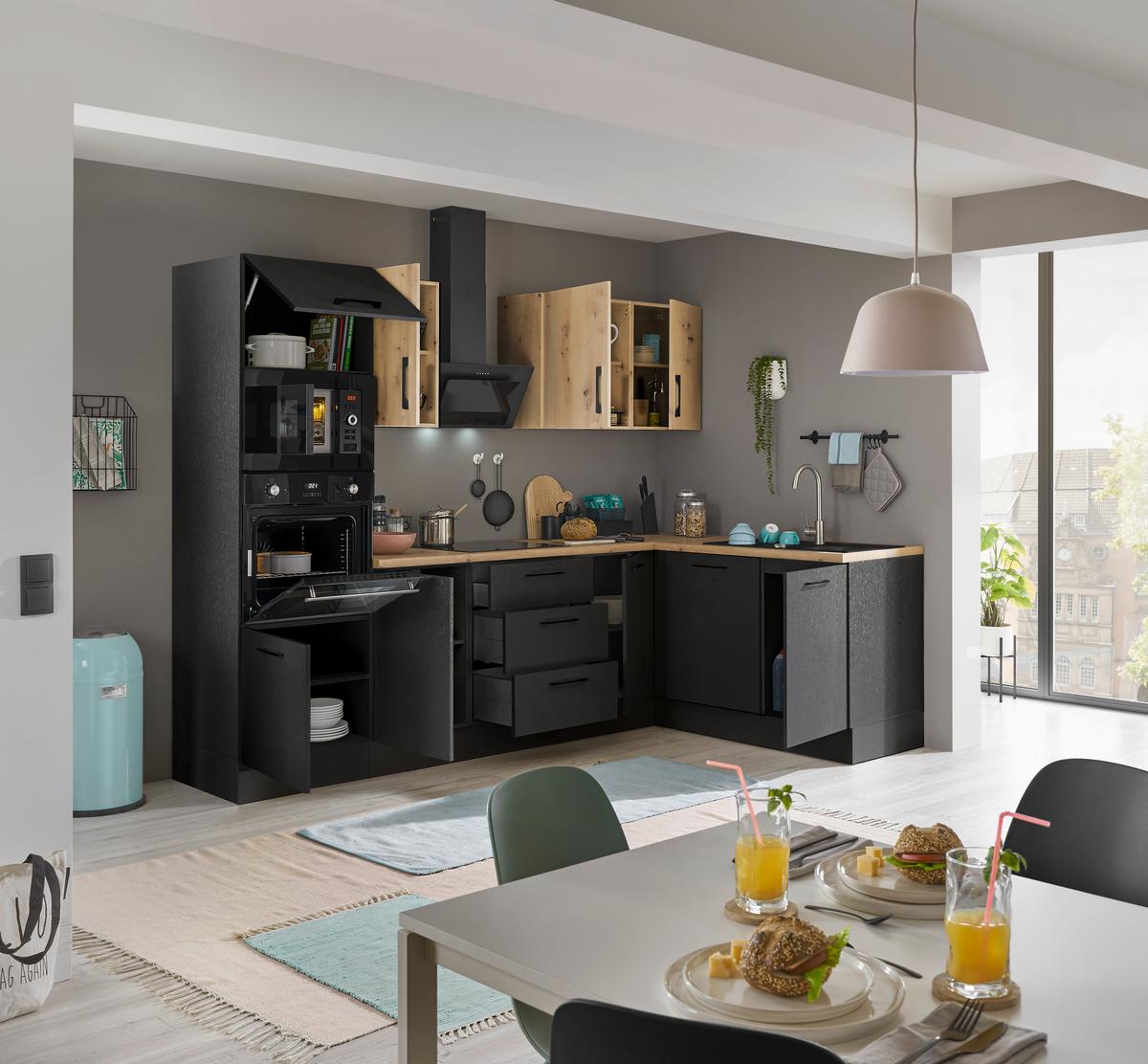 Eckküche Turin Schwarz/Eiche Dekor 280x175 cm - Schwarz/Eiche Artisan, Basics, Holzwerkstoff (280/175cm) - MID.YOU