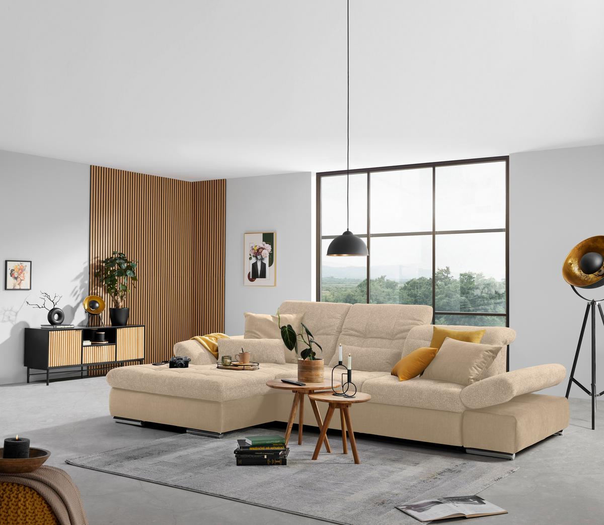 Rohová sedačka SANFINO, ľavá, sivohnedá / béžová - chrómová/taupe, Konventionell, kov/drevo (199/79-96/305cm) - Premium Living