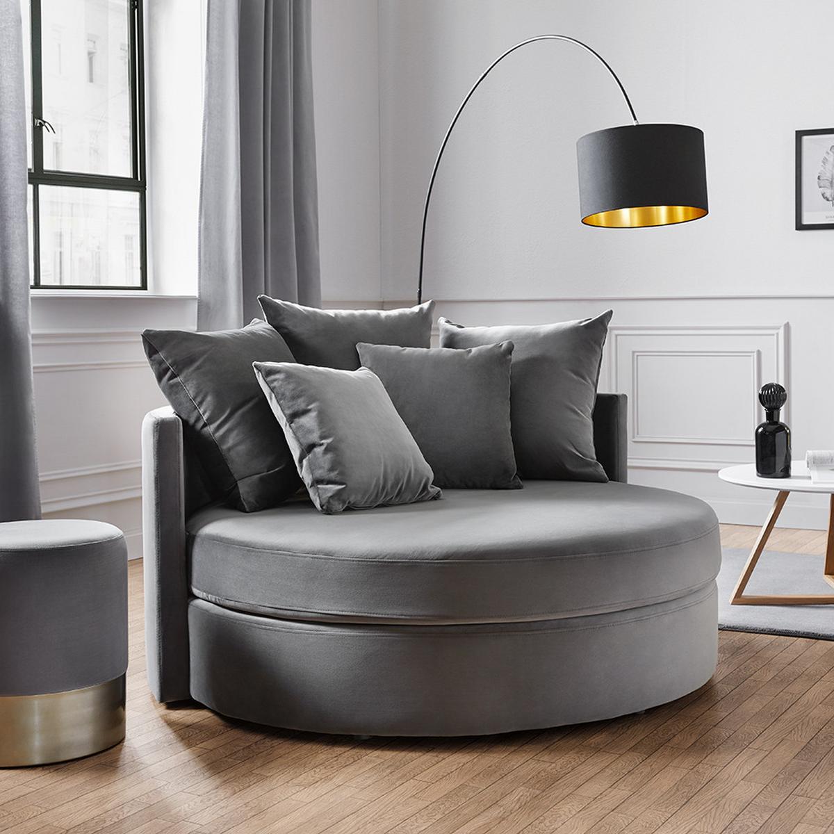 Kulatá pohovka s poštáři ELENA, šedá - šedá/černá, Moderní, dřevo/textil (130/65/140cm) - Bessagi Home