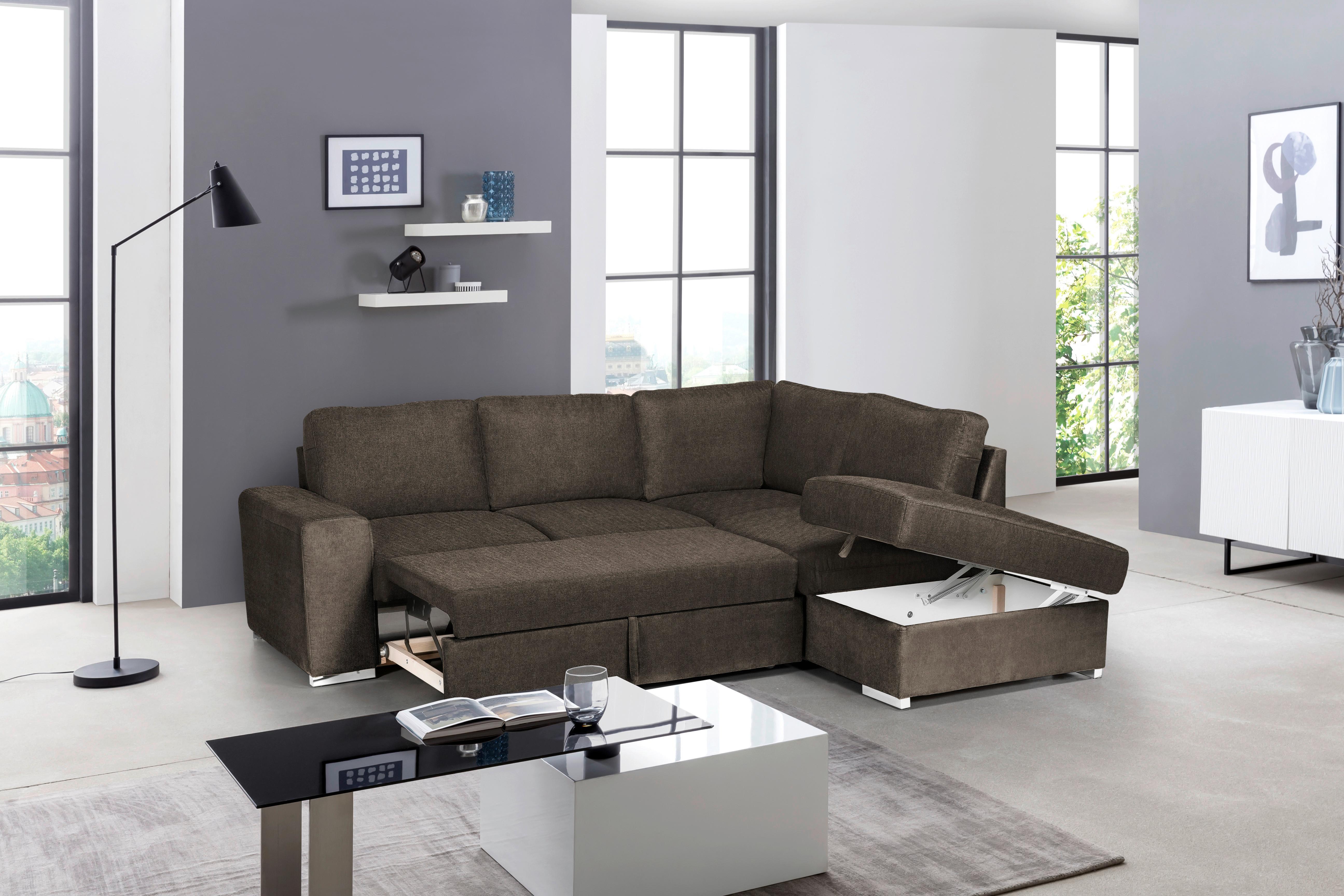 Rozkladacia Sedacia Súprava Eddi - Espresso, Pravý Roh - tmavohnedá/chrómová, Design, textil/plast (248/213cm) - MID.YOU
