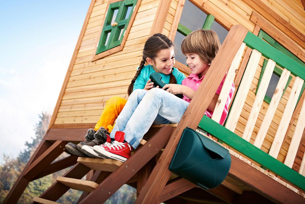 Spielhaus Holz Mit Rutsche Und Kletterwand Braun Grün Max - Braun/Naturfarben, KONVENTIONELL, Holz (435/291/180cm) - Ambia Garden