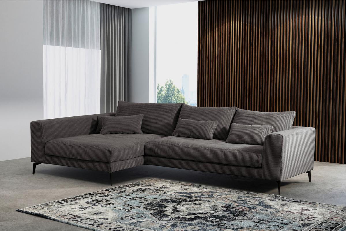 Ecksofa Berlin Cord Grau 172x313 cm - Schwarz/Grau, Design, Textil (172/313cm) - Livetastic