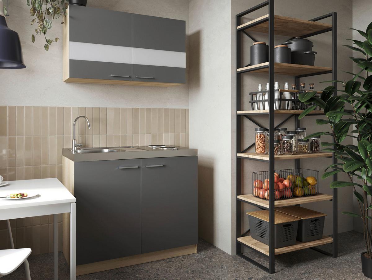 Miniküche Merle Grau/Eiche Dekor B:100cm - Eichefarben/Grau, Basics, Glas/Holzwerkstoff (100cm) - Respekta