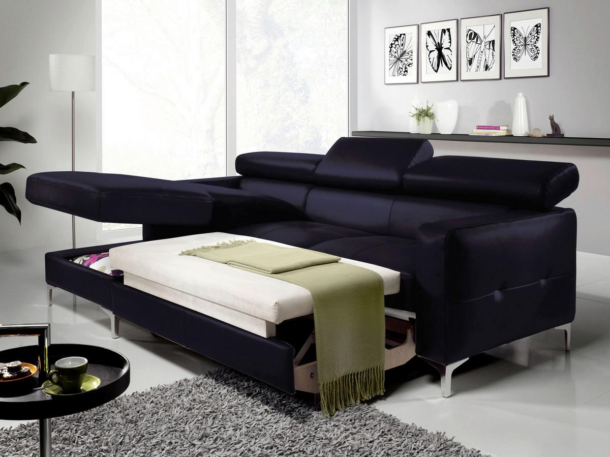 Ecksofa Mit Schlaffunktion Sammy Schwarz Leder - Chromfarben/Schwarz, Design, Leder (168/227cm) - Livetastic
