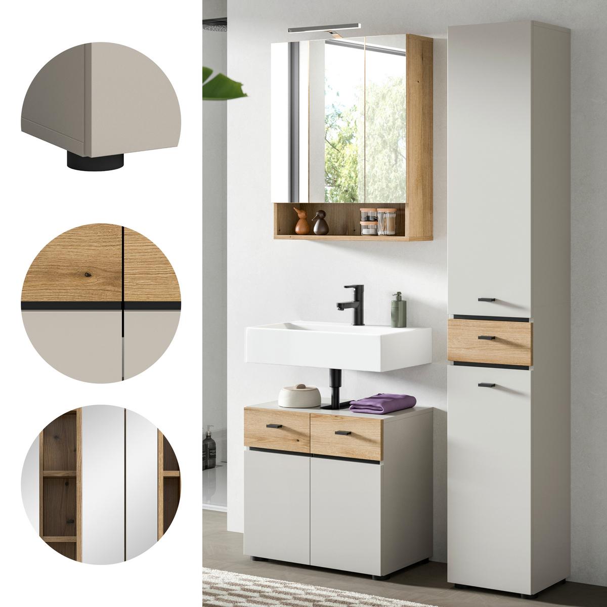 Badezimmer Aqua Kaschmir/Eichefarben B: 92cm - Kaschmir/Eichefarben, Trend, Glas/Holzwerkstoff (92cm) - MID.YOU