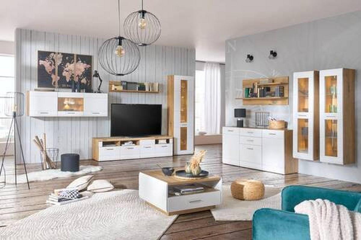 Wohnkombination 3-Tlg. Auris, Weiß/Eiche Dekor - Eichefarben/Weiß, MODERN, Glas/Holzwerkstoff (230,3/204,2/49,6cm) - Luca Bessoni