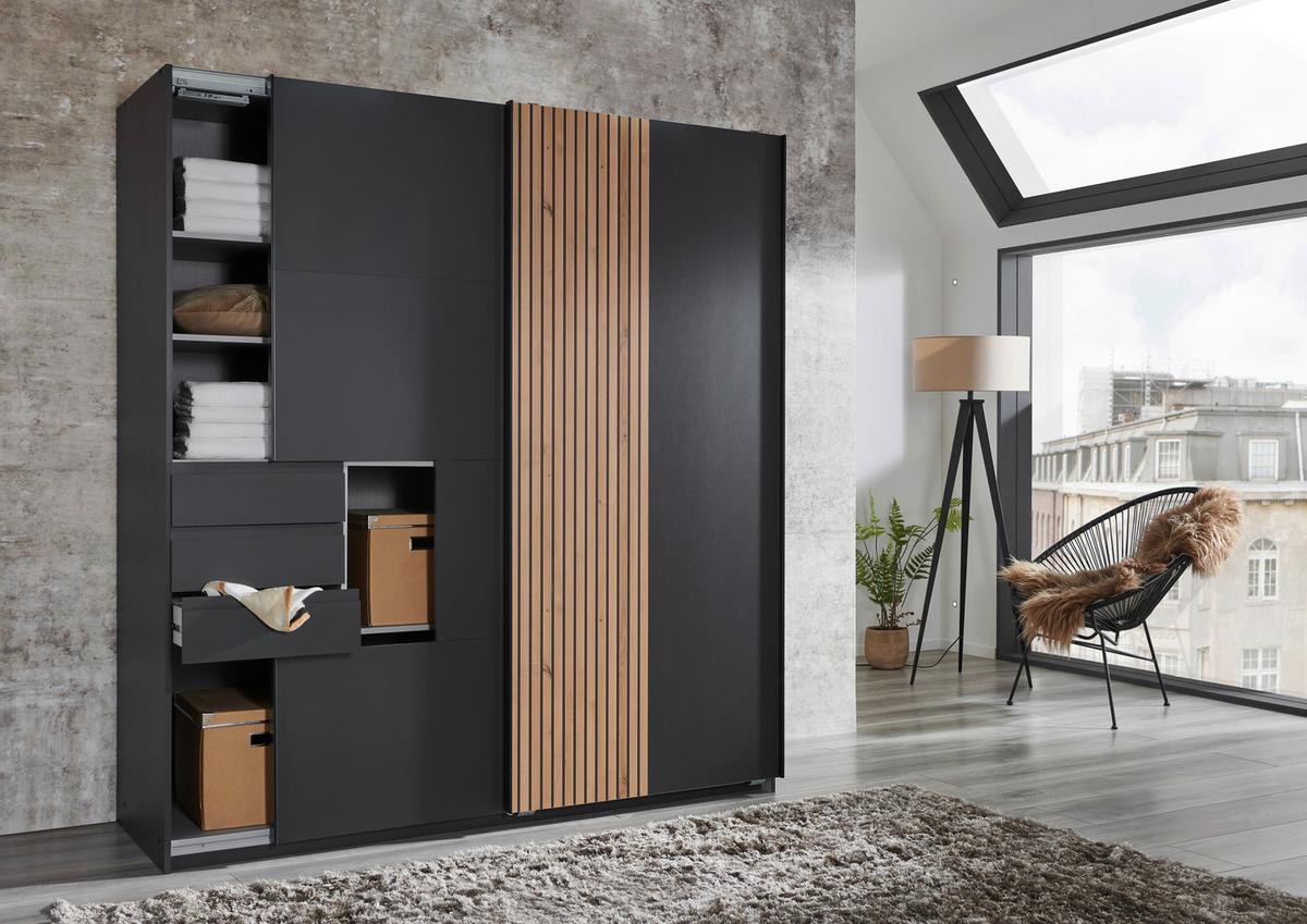 Schwebetürenschrank 180 cm Coburg Graphit/Eiche Dekor - Graphitfarben/Eiche Artisan, MODERN, Holzwerkstoff (180/198/65cm) - MID.YOU