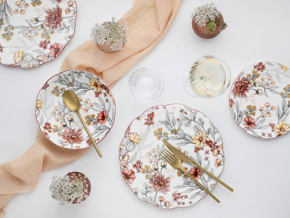 Tafelservice Fiore 12--Teilig., Weiß, Bordeaux - Bordeaux/Weiß, Basics, Keramik - Creatable