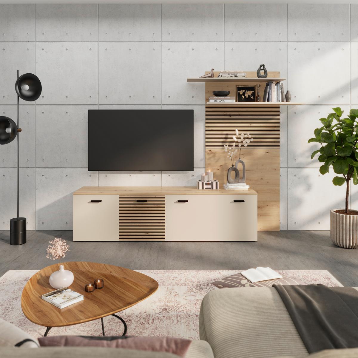 Wohnwand FREE Kaschmir/Eichefarben B: 212 cm - Kaschmir/Schwarz, MODERN, Holzwerkstoff (212/172/40cm)