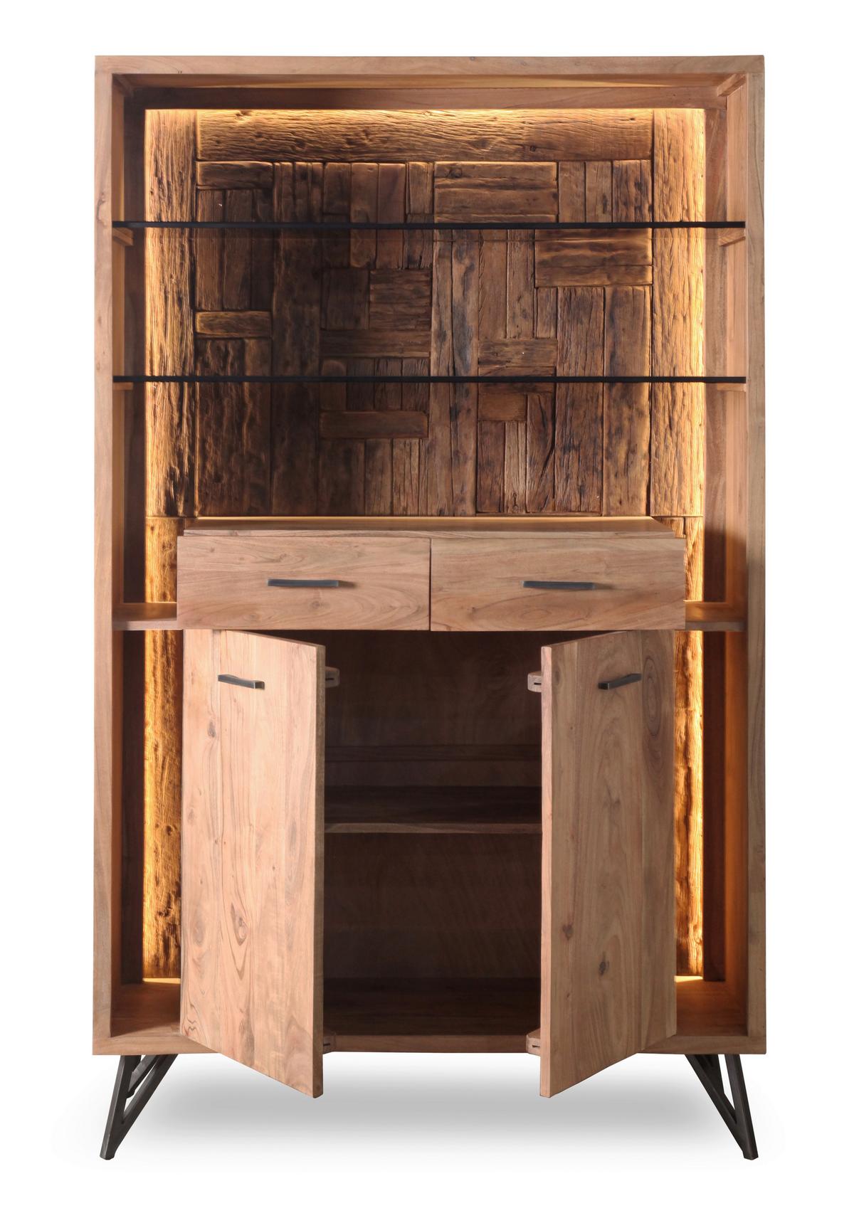 Vitrine Indira Akazie Massiv, B: 115 cm - Schwarz/Akaziefarben, ROMANTIK / LANDHAUS, Glas/Holz (115/195/40cm)