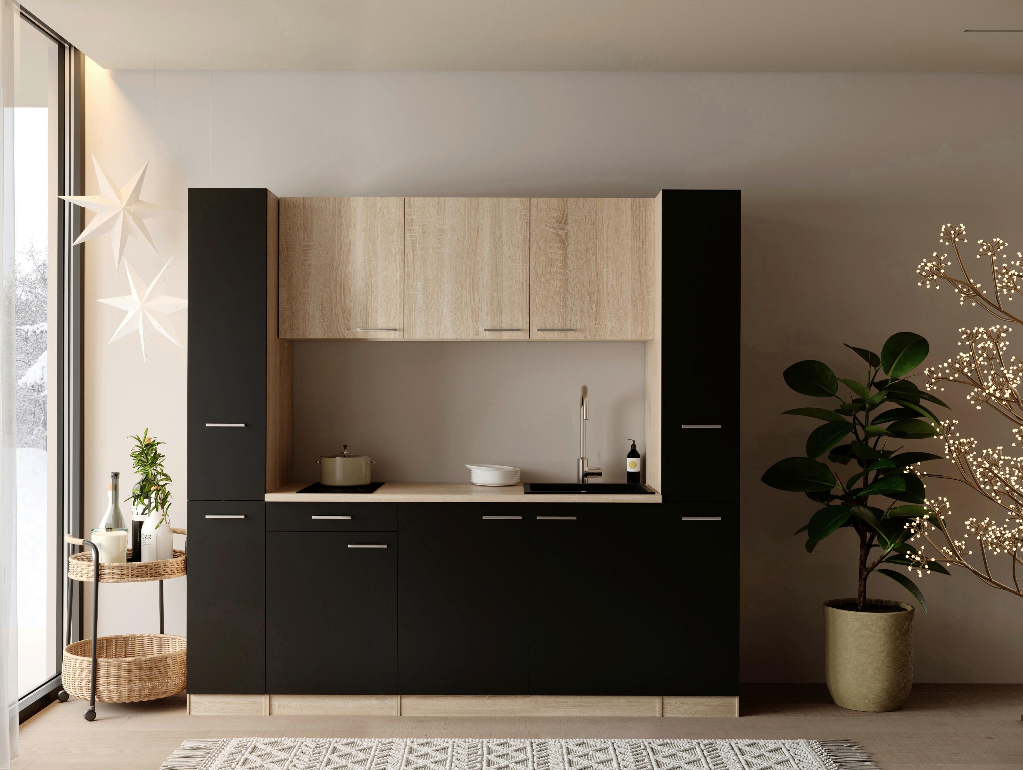 KÜCHENBLOCK Ingrid, Schwarz B: 210 cm - Eichefarben/Schwarz, Design, Holzwerkstoff (210cm) - Respekta