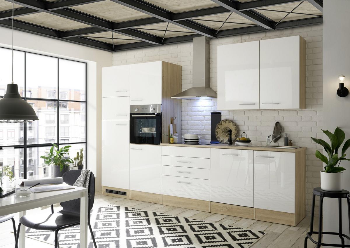 Küchenzeile Laurel mit Geräten 310 cm Weiß/Eiche Dekor - Weiß/Sonoma Eiche, MODERN, Holzwerkstoff (310cm) - MID.YOU