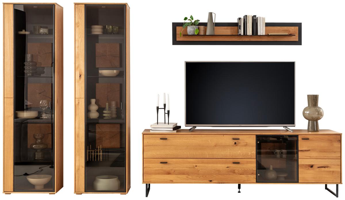 Wohnwand Assini 4-Teilig Wildeiche B: 359 cm - Wildeiche/Schwarz, Design, Glas/Holz (359/206/50cm) - MID.YOU