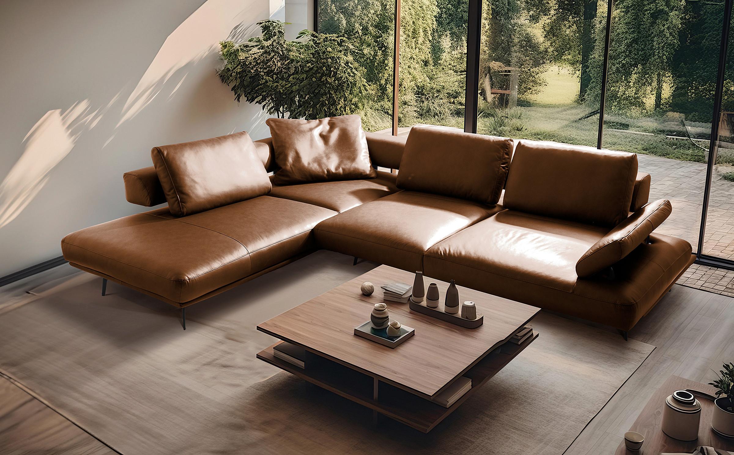 Ecksofa Como Echtleder Cognac 237x306 - Cognac/Schwarz, Design, Leder (237/306cm) - Livetastic