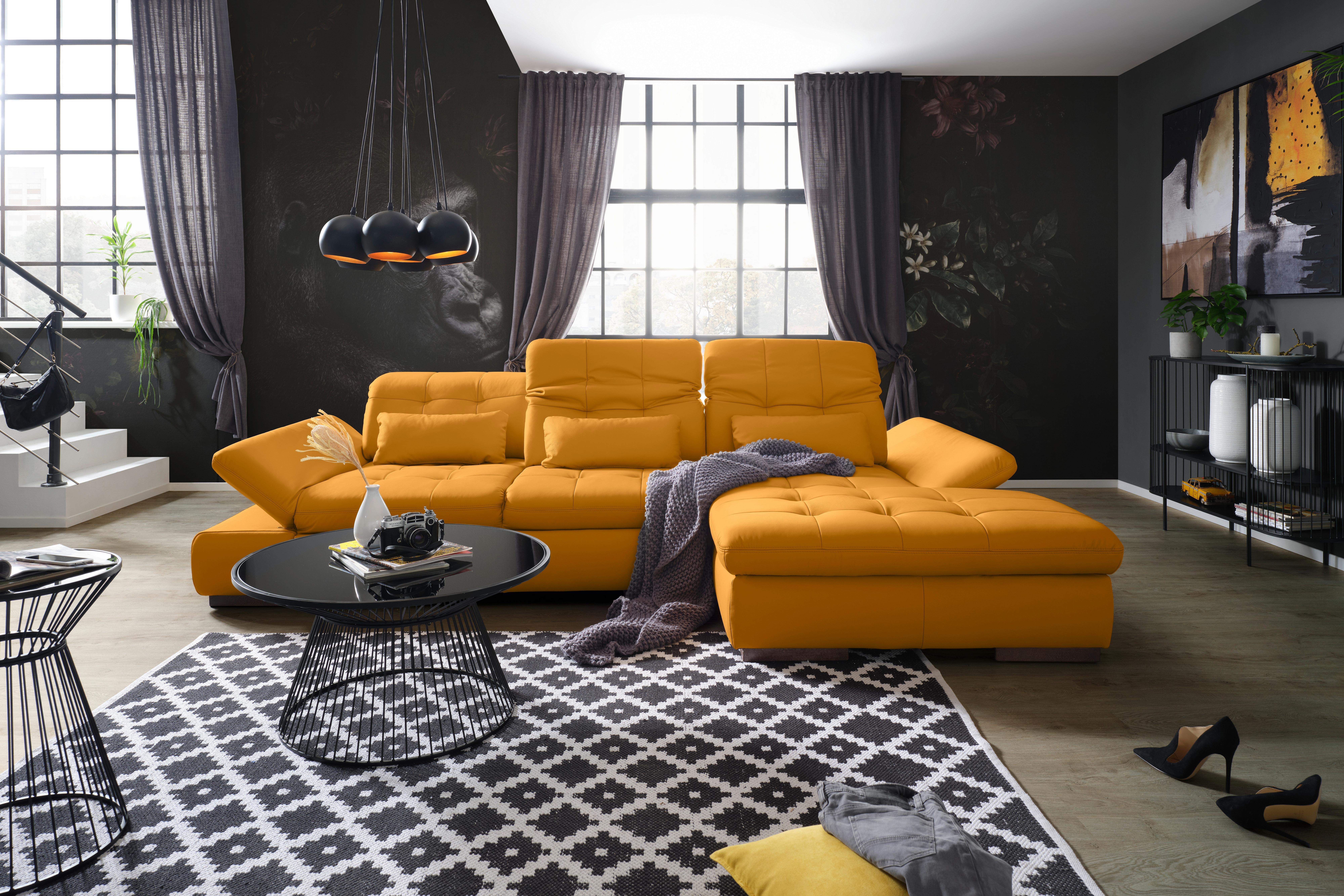 Rohová sedačka SANFINO, pravá, žlutá pravá kůže - barvy chromu/žlutá, Konvenční, kov/kůže (305/199cm) - Premium Living
