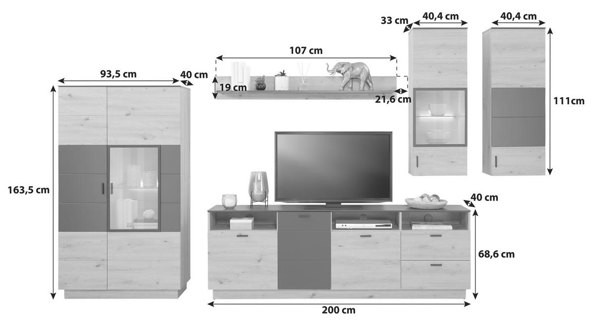 Wohnkombination Modern 5 -Teilig. Tonale 4, Eiche Dekor/Grau - MODERN (333,9/207,6/40cm)