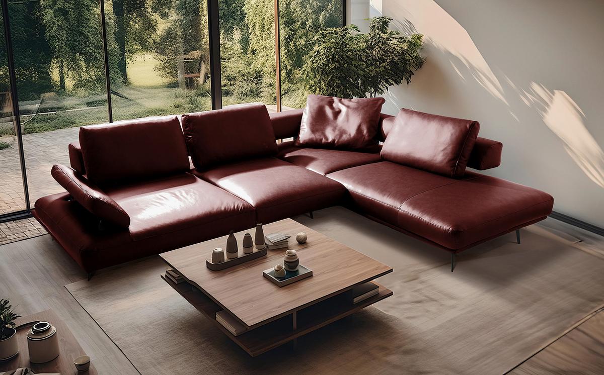 Ecksofa Como Echtleder Rot 306x237 - Rot/Schwarz, Design, Leder (306/237cm) - Livetastic