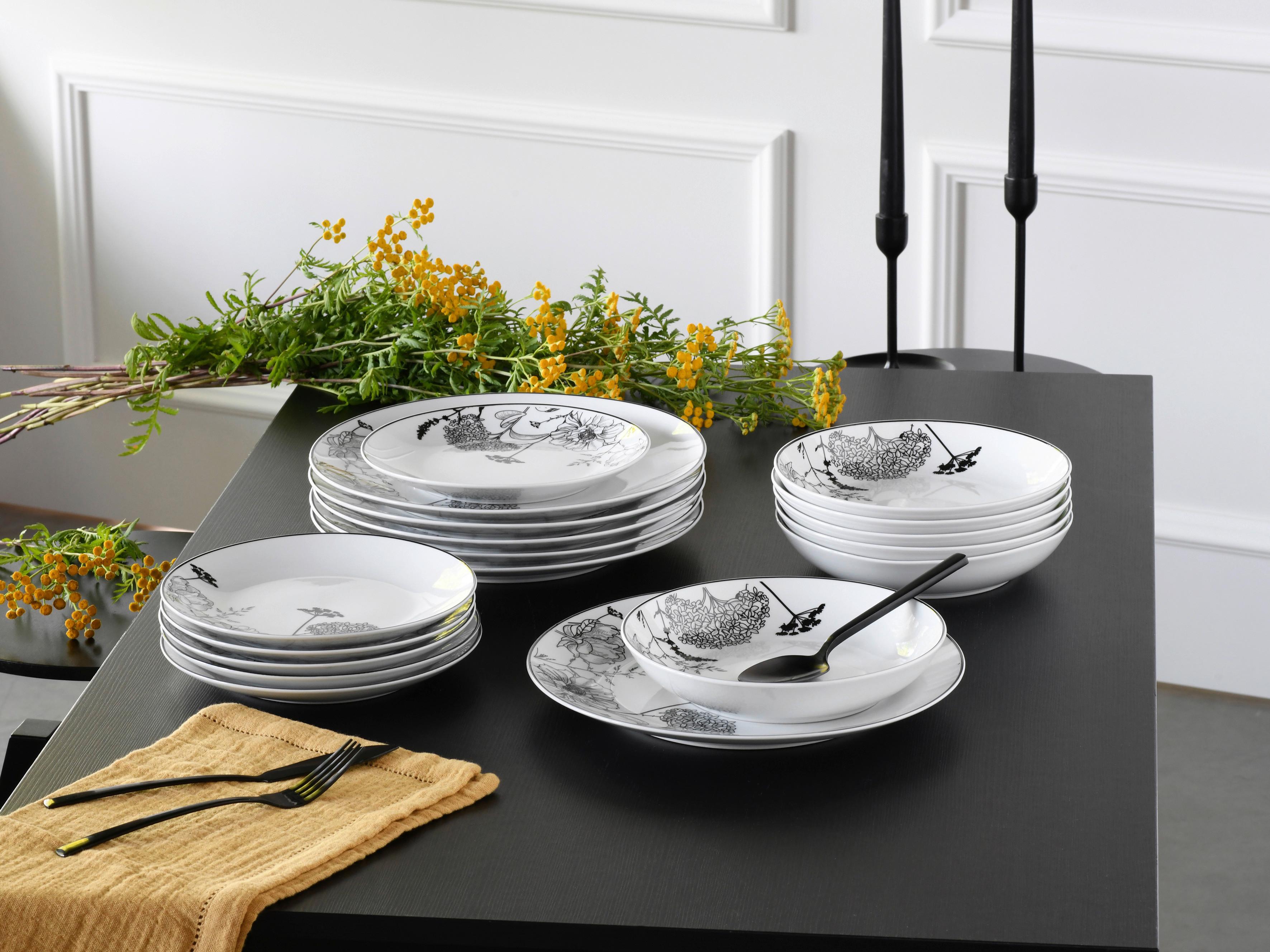 Tafelservice Luna Black Flower 18--Teilig., Schwarz, Grauweiß - Grauweiß/Schwarz, Basics, Keramik - Creatable