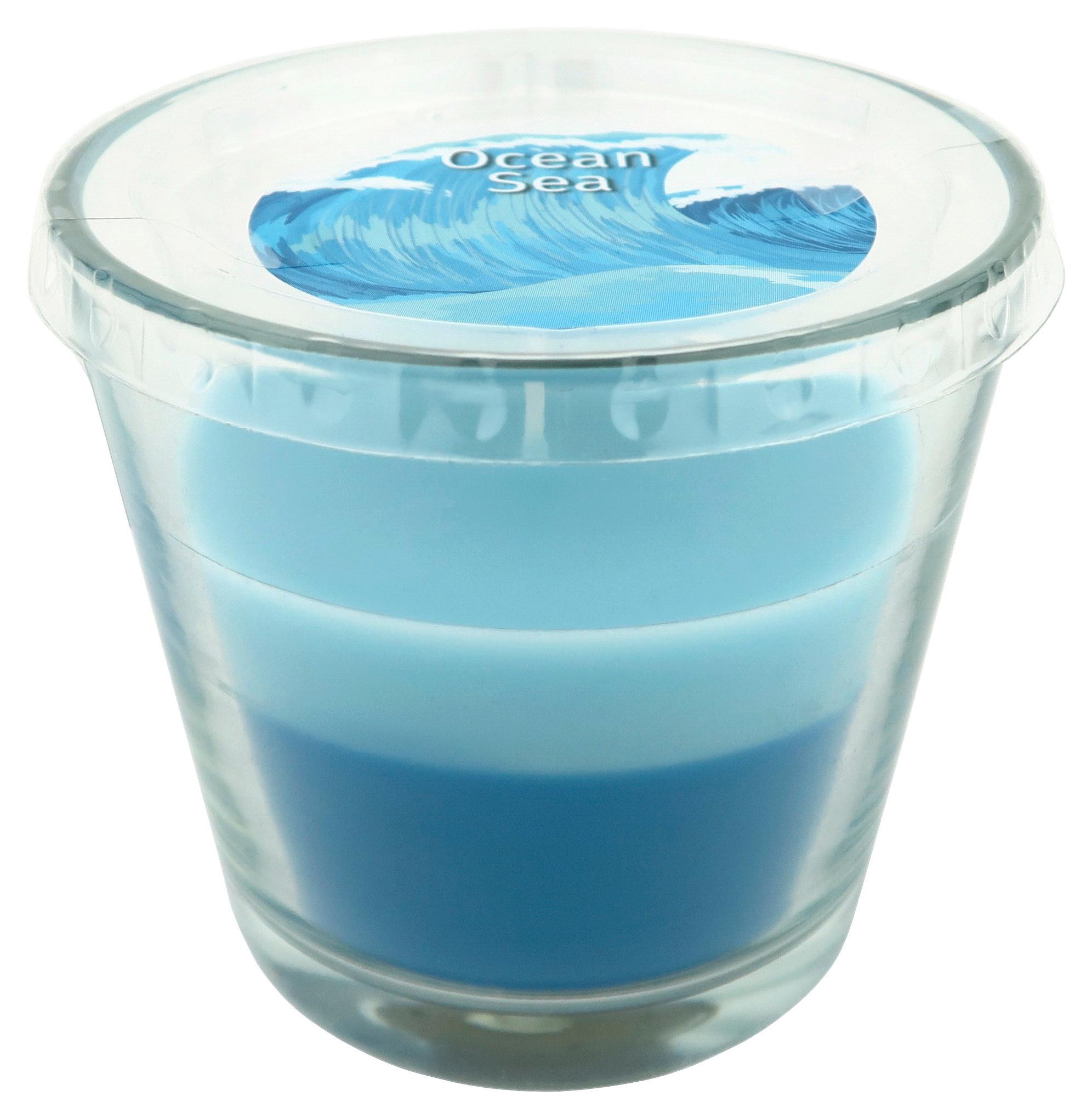 Kerze im Glas Hermine - Blau/Hellblau, KONVENTIONELL, Glas/Naturmaterialien (9/8,2cm) - Ondega