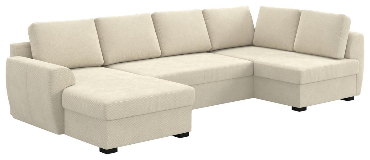 Wohnlandschaft m. Bettfunktion Cord beige, B: 327cm - Beige/Schwarz, Trend, Textil (154/327/86cm) - MID.YOU