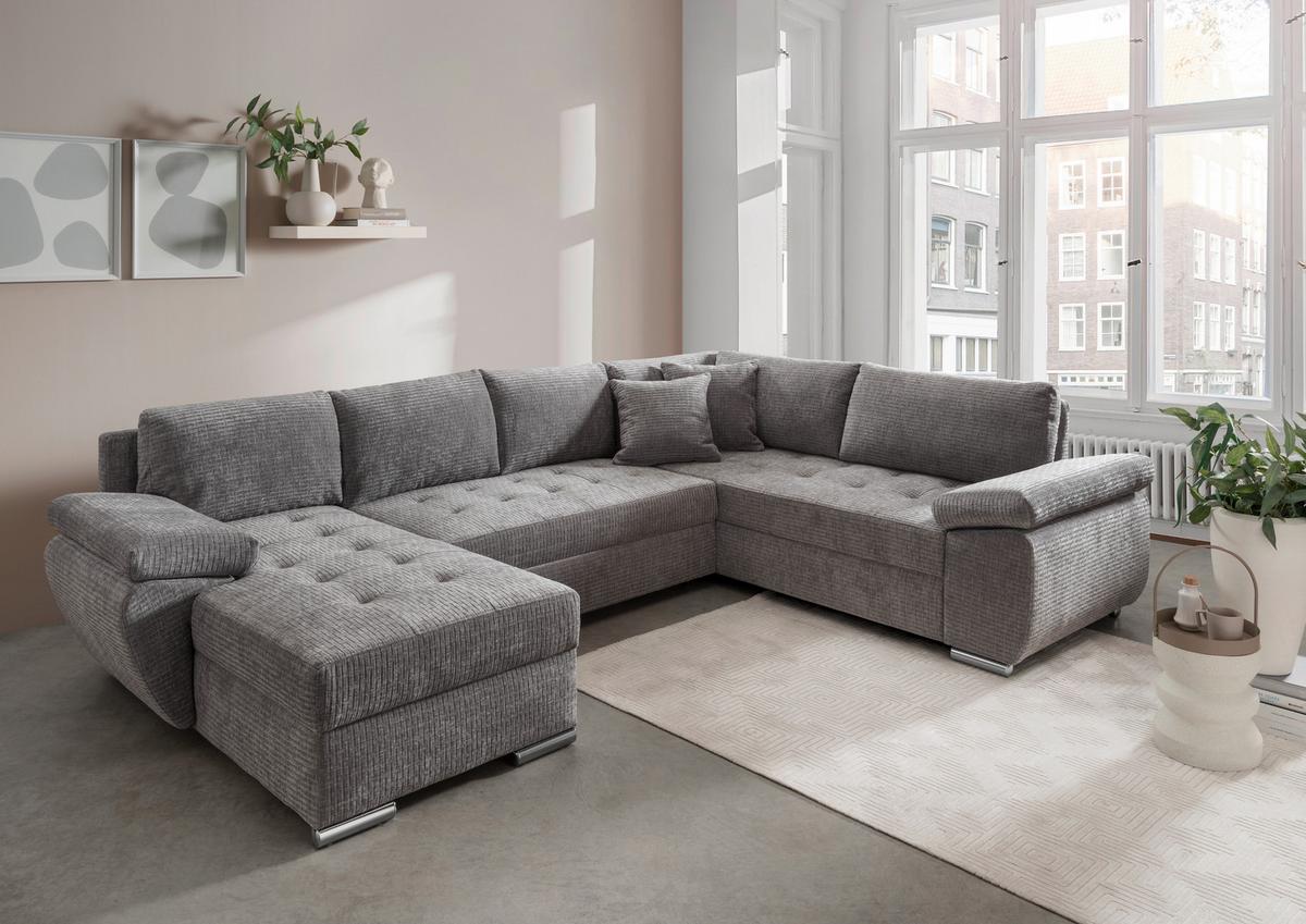 Wohnlandschaft Terana Grau mit Schlaffunktion, Mikrofaser - Chromfarben/Grau, KONVENTIONELL, Textil (157/305/219cm) - Livetastic