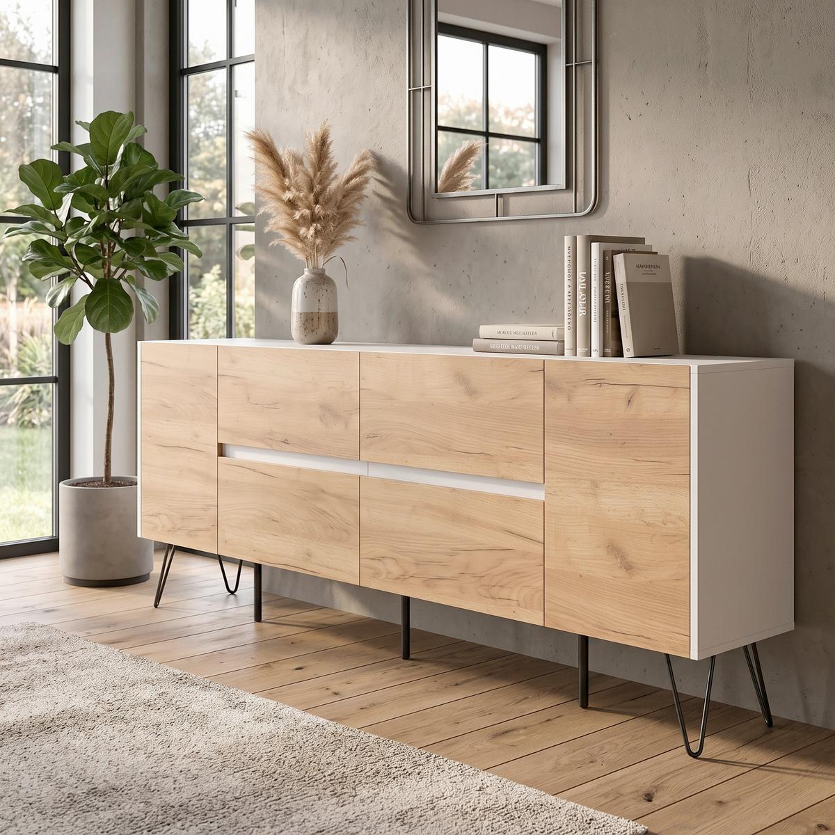 Sideboard Posseik Industrial Weiß/Eichefarben B: 199 cm - Weiß Hochglanz/Eichefarben, Design, Holzwerkstoff (199/75,8/42cm) - MID.YOU