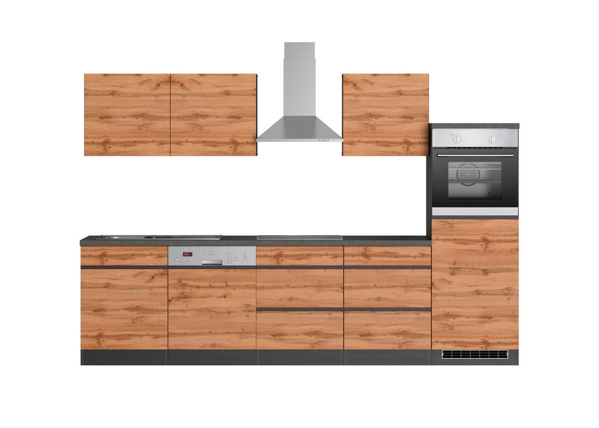 Küchenzeile Turin Mit Geräte B: 300 Cm Graphitfarben/eiche - Eiche Wotan/Graphitfarben, Design, Holzwerkstoff (300cm) - Held