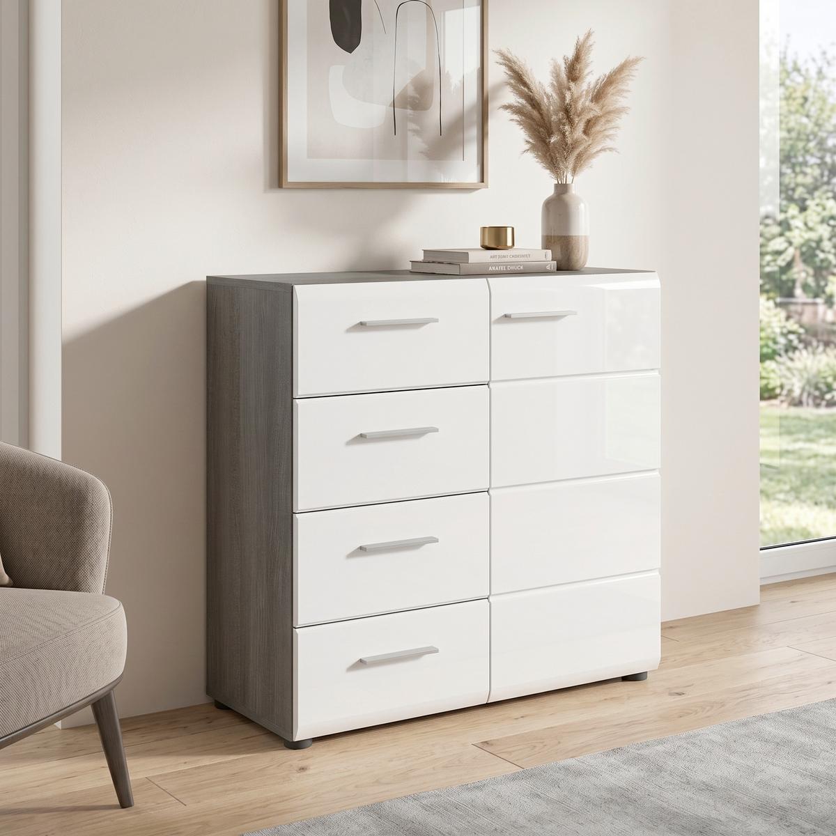 Komoda, lesklá biela, š: 80 cm - biela s vysokým leskom/strieborná, Design, kompozitné drevo/plast (80/85/37cm) - MID.YOU