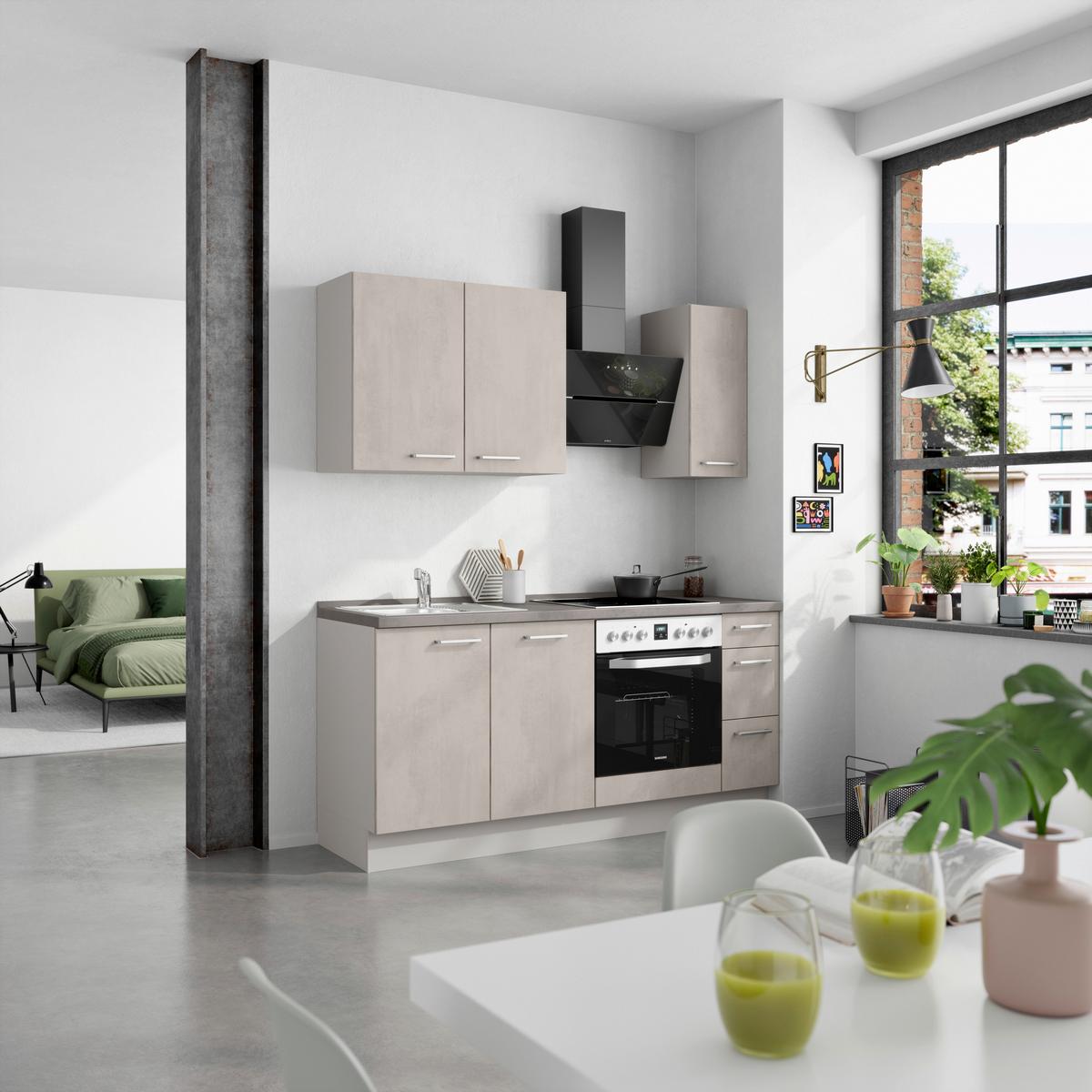 Kuchynská linka 180 cm, šedý betón/ kamenná šedá - sivá/farba ušľachtilej ocele, Modern, kov/kompozitné drevo (180cm) - Nobilia