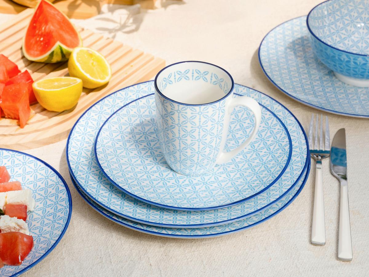 Kombiservice, 16-Teilig für 4 Personen, Steinzeug - Weiß/Hellblau, Basics, Keramik - Creatable