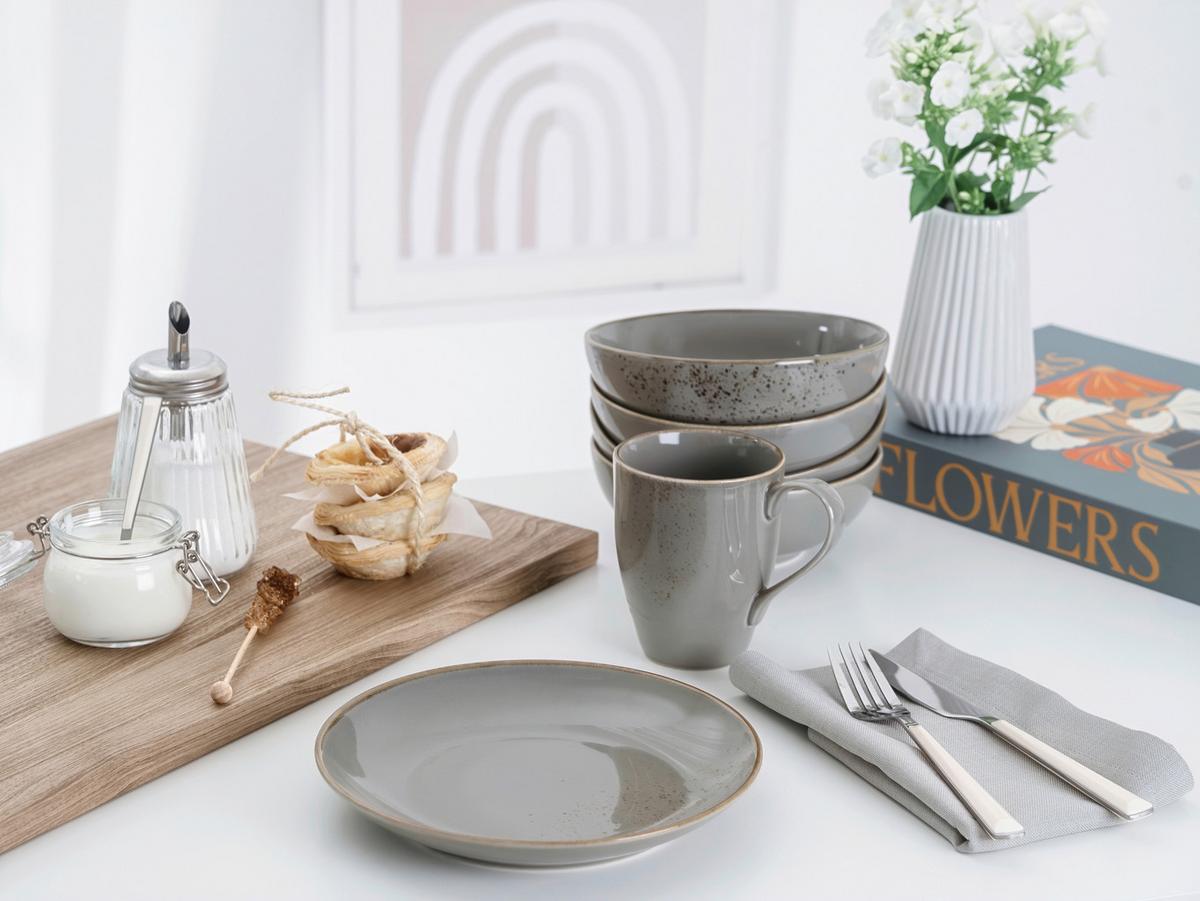 Frühstücksservice 12-teilig. Steinzeug, grau - Grau, Basics, Keramik - Creatable