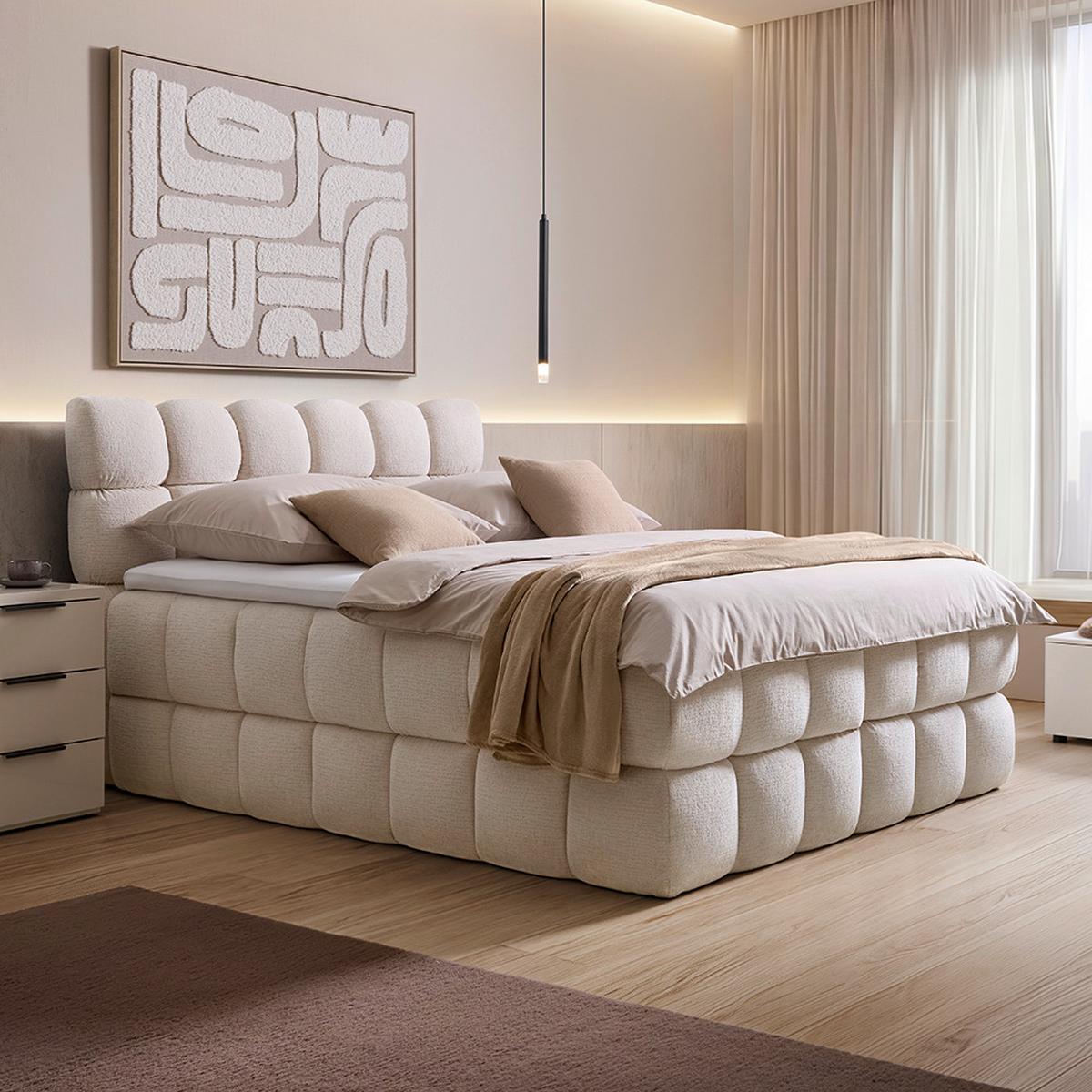 Boxspring postel BUBBLE BOX 180/200 cm, krémová - černá/krémová, Konvenční, kov/dřevo (180/200cm) - Premium Living