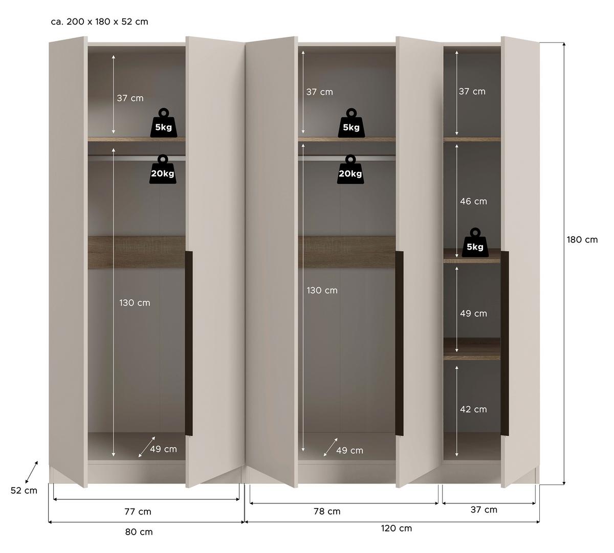 DREHTÜRENSCHRANK Kopenhagen Kaschmir B: 200cm - Kaschmir, MODERN, Holzwerkstoff (200/181/52cm) - Livetastic