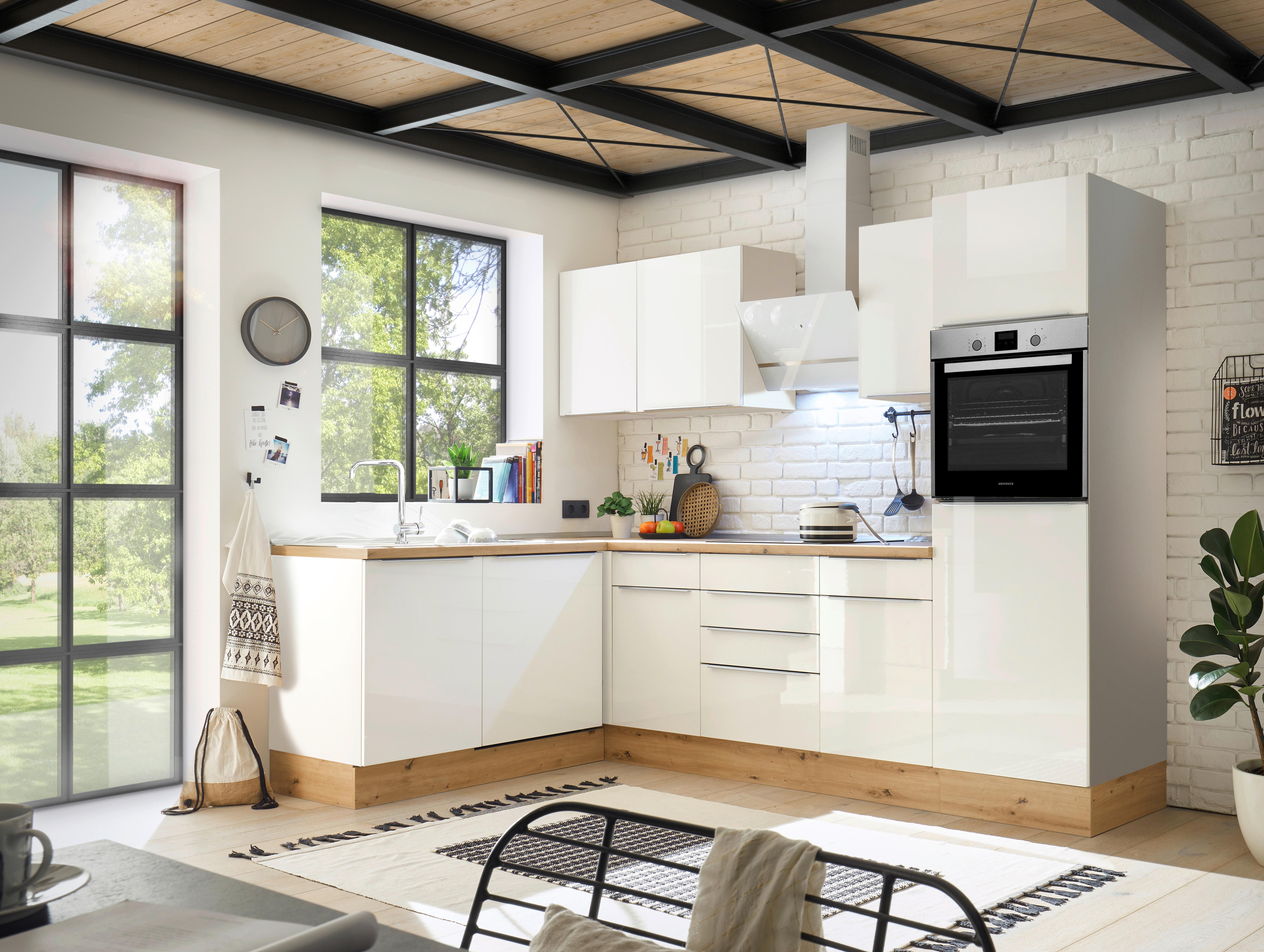 Eckküche mit Geräten 280x170 cm Weiß/Eiche Dekor, Modern - Weiß Hochglanz/Weiß, LIFESTYLE, Holzwerkstoff (280/170cm) - Respekta