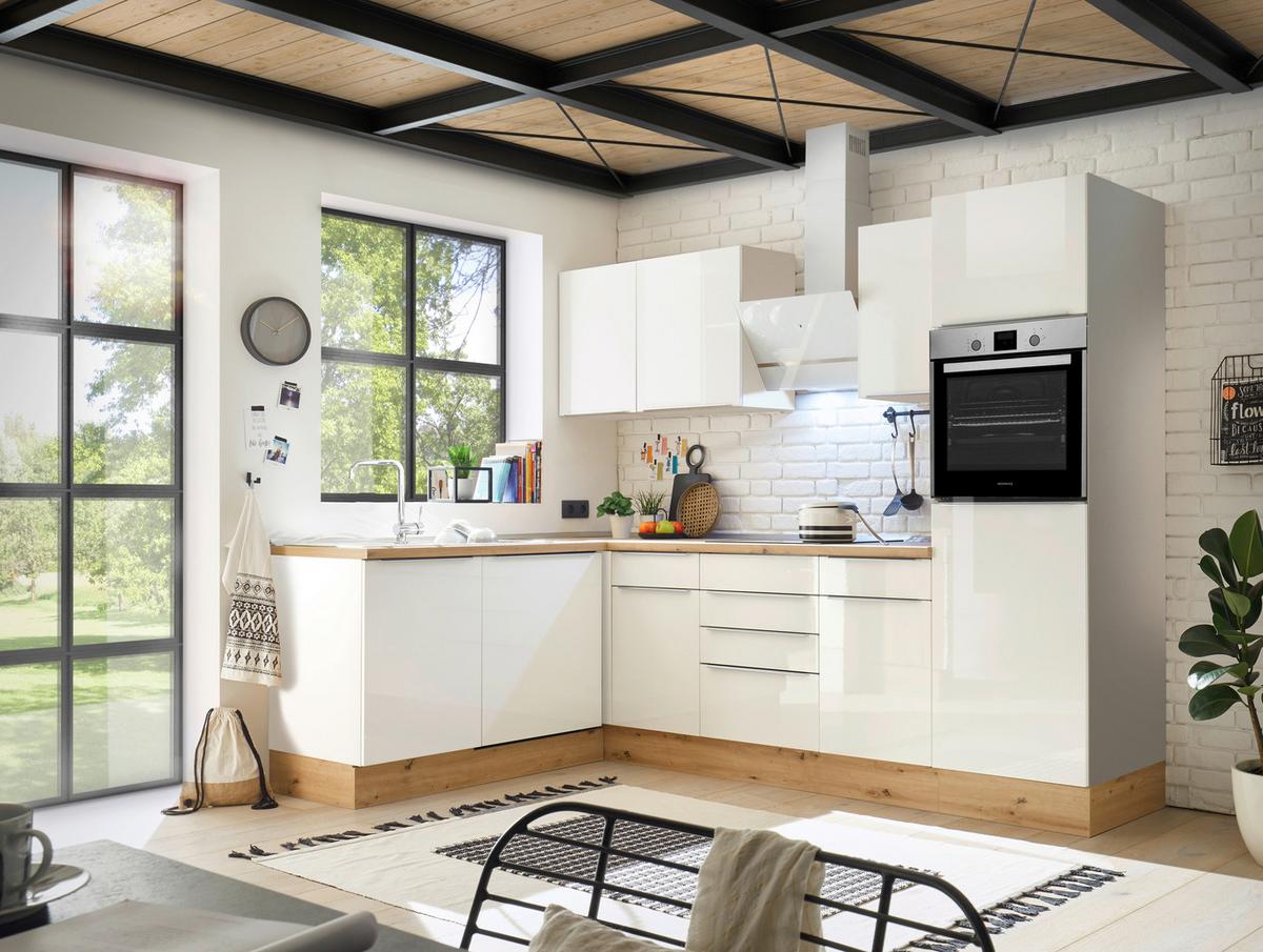 Eckküche mit Geräten 280x170 cm Weiß/Eiche Dekor, Modern - Weiß Hochglanz/Weiß, LIFESTYLE, Holzwerkstoff (280/170cm) - Respekta