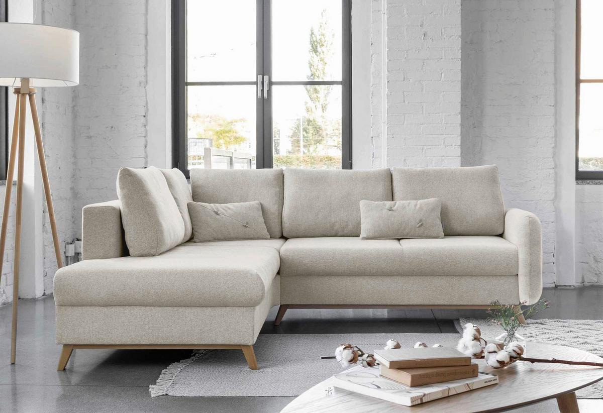 Sedačka LUCILE L, levá, béžová, úl.prostor a lůžko - přírodní barvy/béžová, dřevo/textil (202/242cm) - MID.YOU