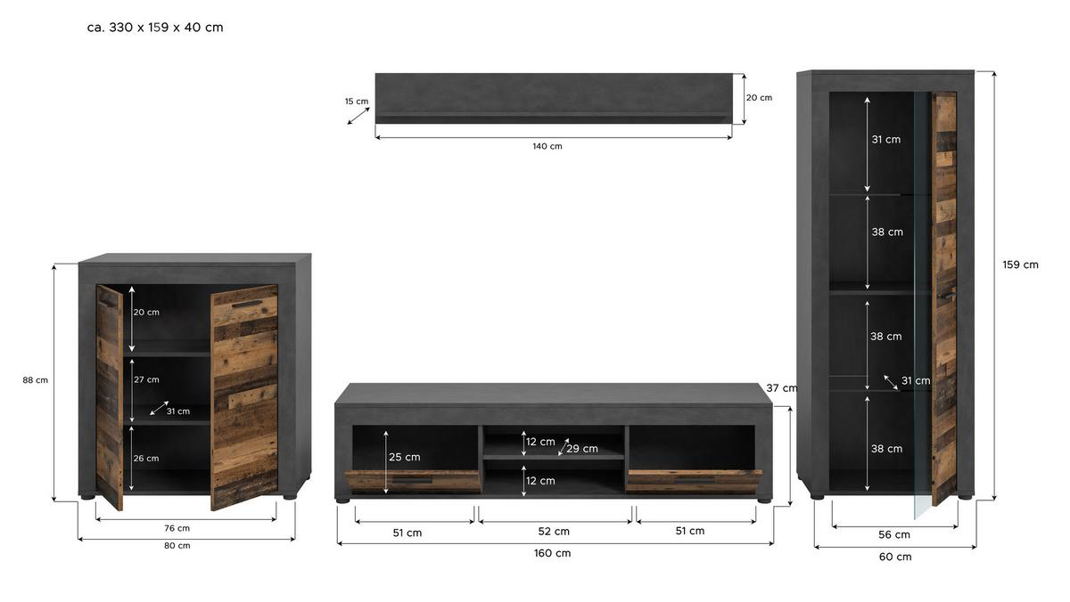 Wohnwand Jam Old Wood Dekor 4-teilig B: ca. 330 cm - Schwarz/Naturfarben, Design, Glas/Holzwerkstoff (330/159/35cm) - MID.YOU