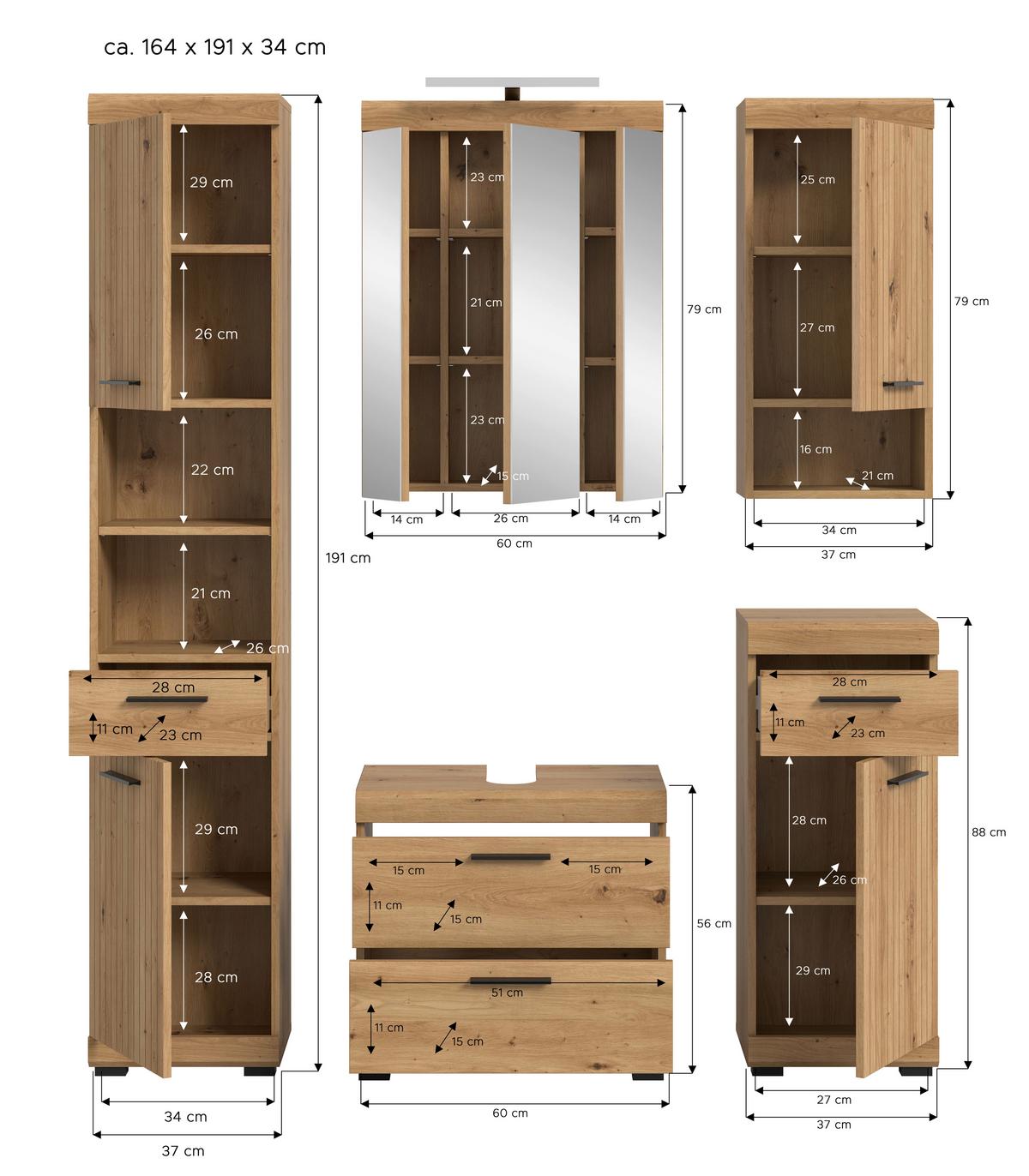 Badezimmer Scout Eiche Artisan Dekor B: 134cm - Schwarz/Eiche Artisan, Trend, Glas/Holzwerkstoff (134cm) - MID.YOU