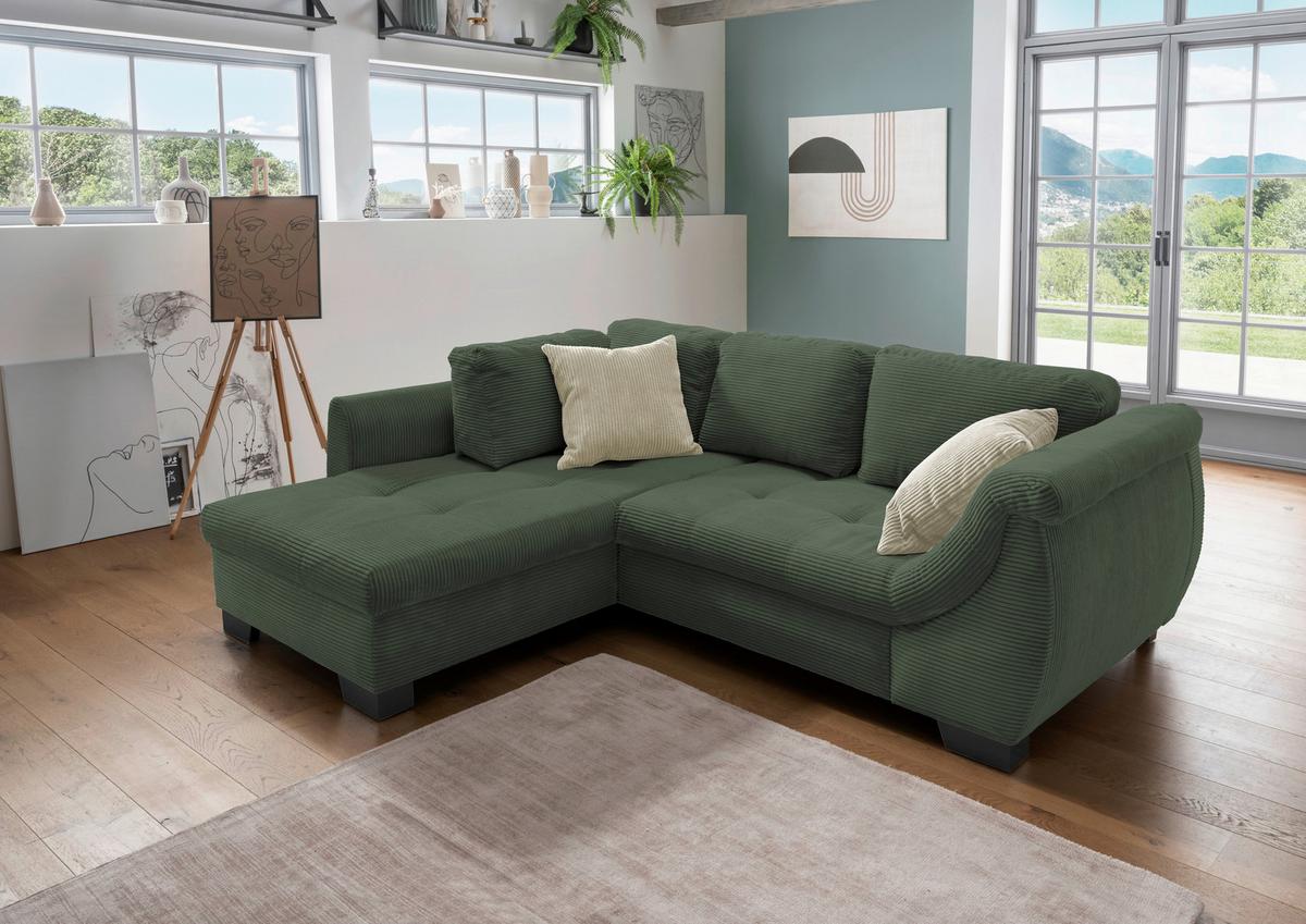 Ecksofa mit Schlaffunktion Flora Grün Cord - Beige/Schwarz, Design, Textil (190/250cm) - MID.YOU