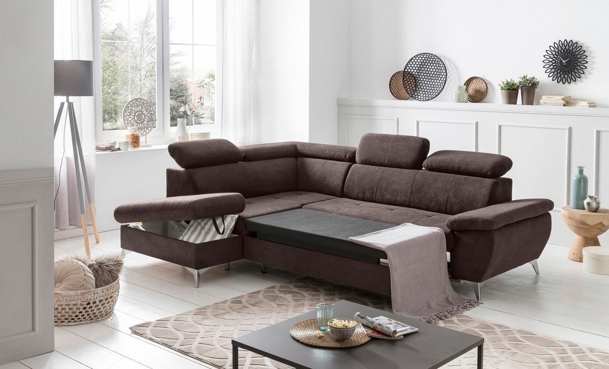 Ecksofa Mit Schlaffunktion Und Bettkasten Gisele Braun - Chromfarben/Dunkelbraun, KONVENTIONELL, Textil (209/256cm) - Livetastic