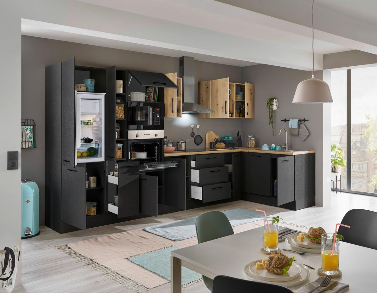 Eckküche Turin Schwarz/Eiche Dekor 370x175 cm - Schwarz/Eiche Artisan, Basics, Holzwerkstoff (370/175cm) - MID.YOU