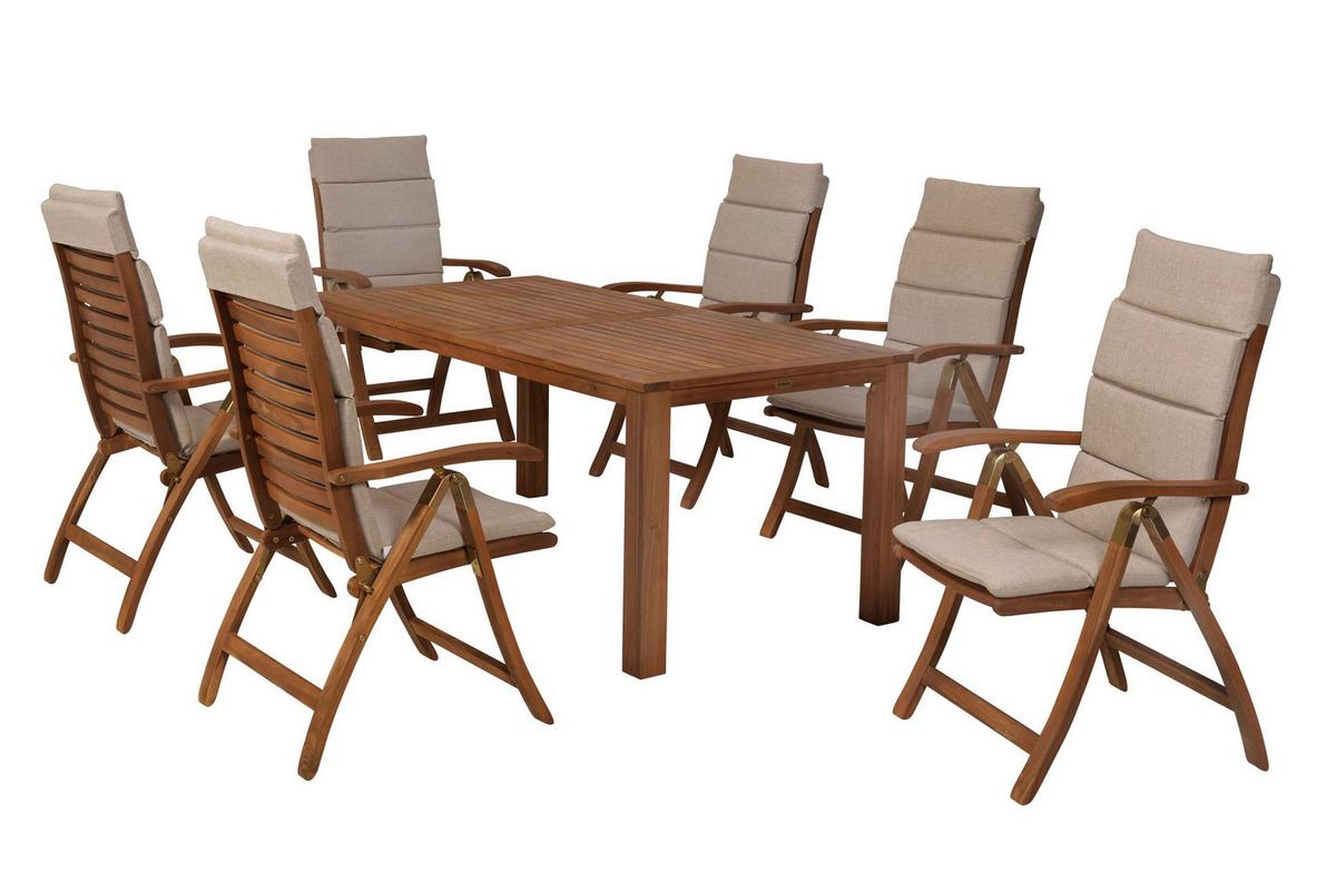 Gartentischgruppe 7tlg. Set - Beige/Akaziefarben, KONVENTIONELL, Holz/Textil - Gardenson