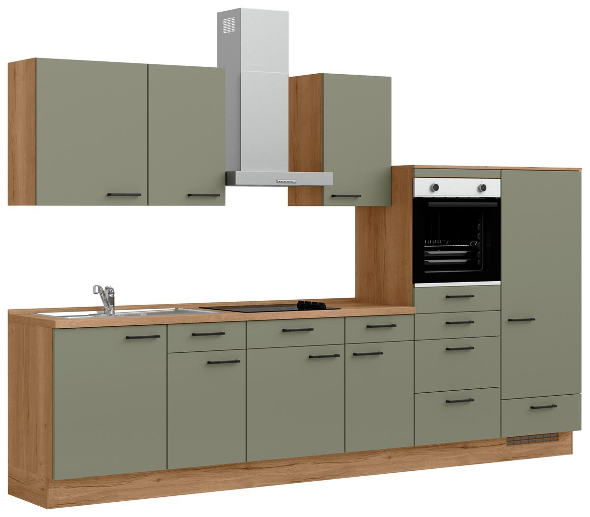 Kuchyňská linka 330 cm olivově zelená - barvy dubu/černá, Moderní, kov/kompozitní dřevo (330cm) - Nobilia